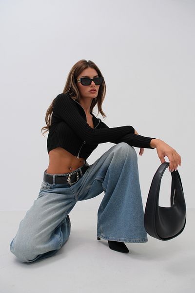 Black Fashion Μαύρο πλεκτό πουλόβερ με φερμουάρ Polo