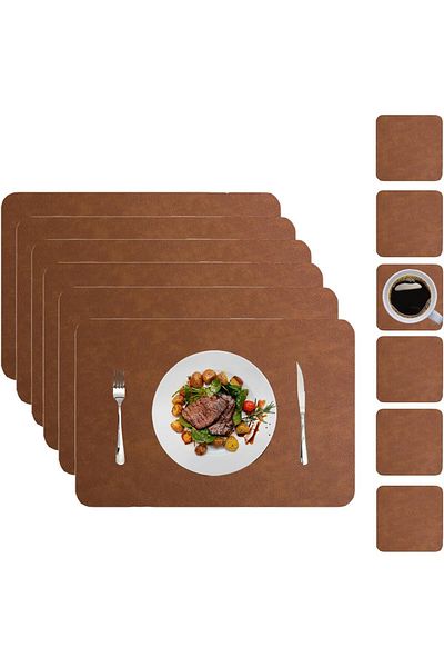 COOYA Placemats Set 12 Pcs, Includes Placemats And Coasters, Waterproof And Heat-Resistant, Brown