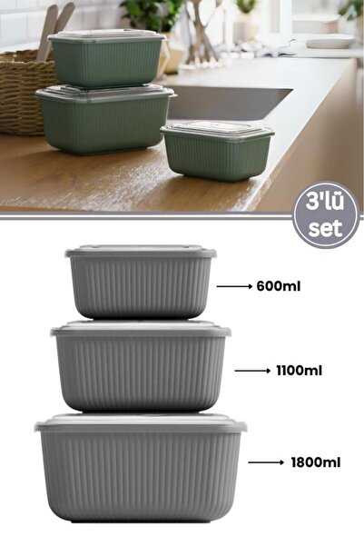 Flora 3 lü Erzak Gıda Saklama Kabı, Buzdolabı Düzenleyici Organizer 3 lü Set (600ml,1100ml,1800ml) Gri