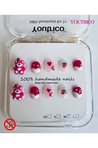 Youtrico أظافر أطفال لاصقة مصنوعة يدويًا بنسبة 100% على شكل رأس دب فراولة بال...
