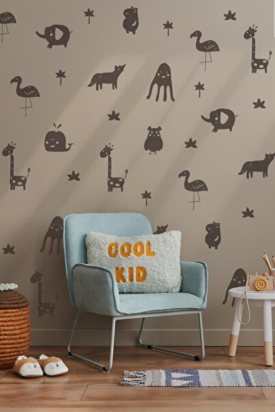 MSticker Sevimli Hayvan Figürlerinden Oluşan Duvar Kağıdı Görünümlü Mat Yüzeyli Özel Kesim Sticker Seti