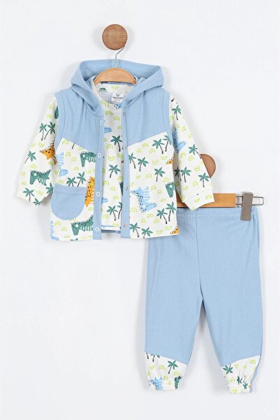 Egelite ERKEK BEBEK MEVSİMLİK 3 PARÇA YELEKLİ KAPÜŞONLU DİNOZOR BASKILI 3'LÜ TAKIM R1815