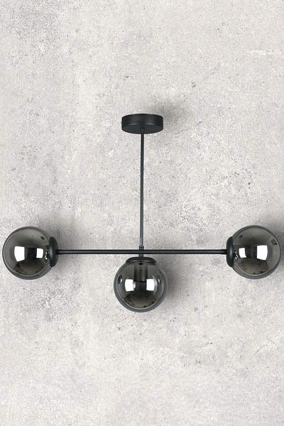 Fer Avize Neron Special Design Black Color Globe Smoked Glass Living Room - Kitchen - Bedroom 3-Piece Chandelier