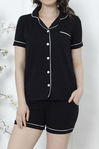 Nicoletta Set de pijamale pantaloni scurți de damă, cu mânecă scurtă, buzunar cu nasturi, bumbac NEGRU-ALB