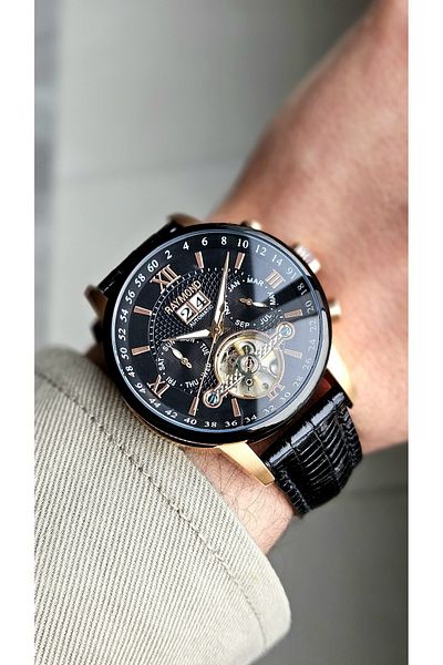 Raymond RYM-4120 AUTOMATIC MEN'S WRISTWATCH - STEEL CASE AND LEATHER BAND - 2 YEAR WARRANTY