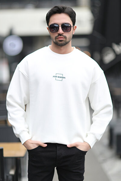 JB John Borners Мъжки суитшърт с кръгло деколте, щампа на марката, три нишки, бял - 5255-1