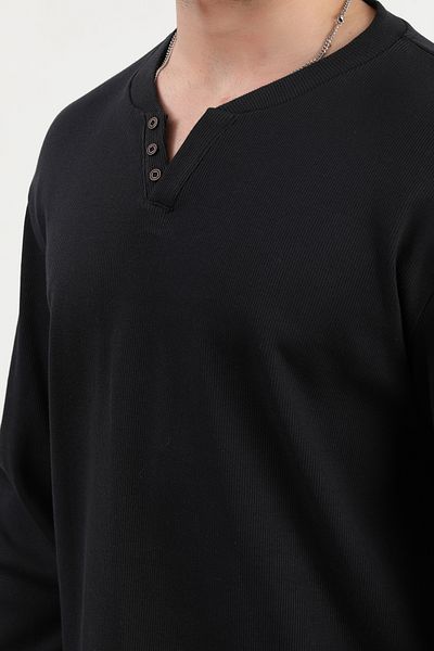 JB John Borners Men's V-Neck Button Detailed Textured Sweatshirt Black - 5524