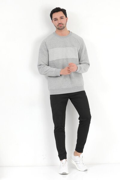 JB John Borners Мъжки суитшърт с кръгло деколте от жакард с 3 нишки и сив мел...