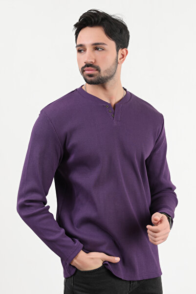 JB John Borners Ανδρικό φούτερ με λαιμόκοψη V με λεπτομέρεια με υφή μωβ - 5524