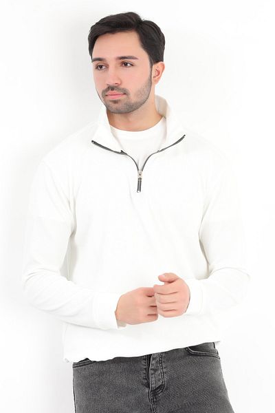 JB John Borners Men's Ecru Stand Collar Half Zip Stretchy Knitted Regular Fit Sweatshirt - 16814