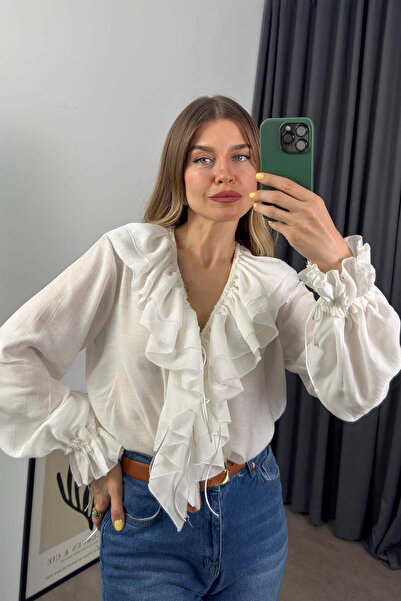 Sue Store Λευκή σατέν μπλούζα σιφόν με βολάν με κορδόνια