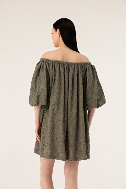 Evermade Off Shoulder Balloon Sleeve Textured Short Dress