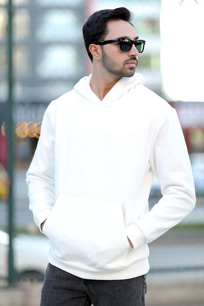 JB John Borners Men's Hooded Oversize Sweatshirt White Kangaroo Pocket Intersoft Hoodie - 5738