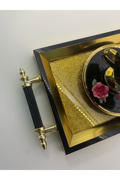 MKLAKS LÜKS - GOLD SİMLİ SİYAH ŞERİTLİ ÇAY - KAHVE -SÜS -NİŞAN -SÖZ TEPSİSİ – Dayanıklı ve Şık Tasarım