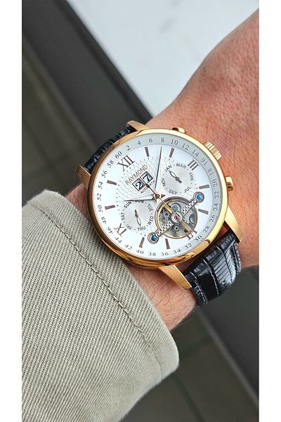Raymond RYM-4120 AUTOMATIC MEN'S WRISTWATCH - STEEL CASE AND LEATHER BAND - 2 YEAR WARRANTY