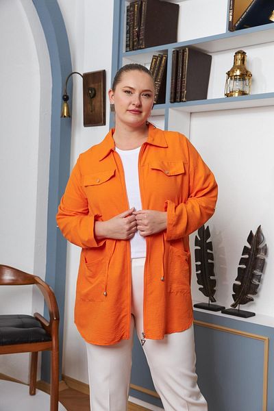 Imagine Giyim Zippered Plus Size Orange Jacket with Waist Tie Detail