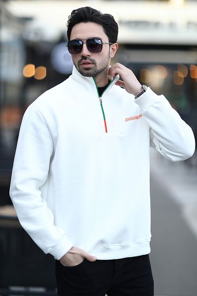 JB John Borners Men's Stand Collar Half Zipper Embroidered Sweatshirt White - 10025