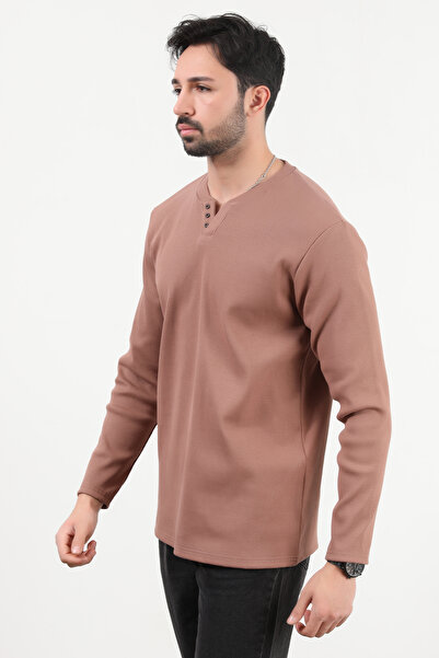 JB John Borners Ανδρικό φούτερ με λεπτομέρεια με λαιμόκοψη V με κουμπί σκούρο μπεζ - 5524