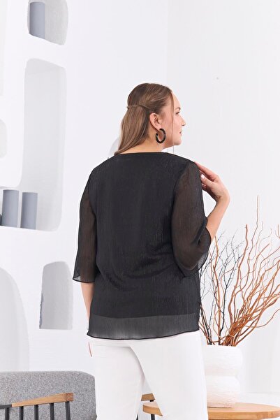 Imagine Giyim V-Neck Print Glittery Plus Size Black Chiffon Blouse Elegant, Sparkling and Stylish Design