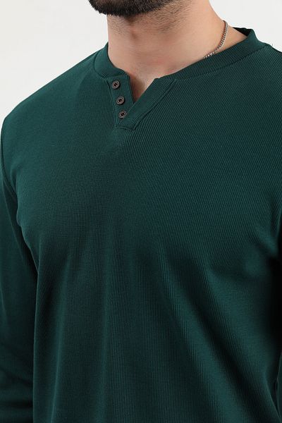 JB John Borners Men's V-Neck Button Detailed Textured Sweatshirt Dark Green - 5524