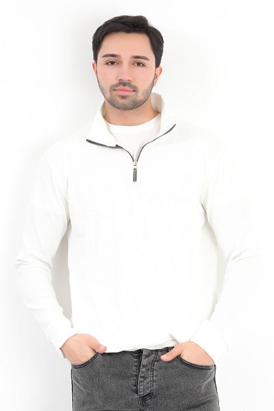 JB John Borners Men's Ecru Stand Collar Half Zip Stretchy Knitted Regular Fit Sweatshirt - 16814