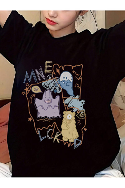 Revasser Unisex Erkek/Kadın WOW Özel Baskılı Oversize Pamuklu Bisiklet Yaka T...