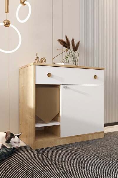 Mercie MONA Çekmeceli Ahşap Kedi Tuvaleti -kapak Kilitli-Giriş Kumaşı Dahil-k...