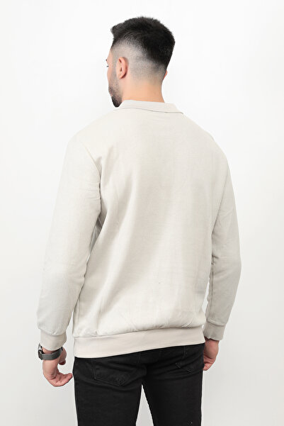 JB John Borners Μπεζ ανδρικό φούτερ με γιακά πόλο Σελάντικ Πλεκτό βαμβακερό μείγμα με ριμπ κουμπιά - 5739