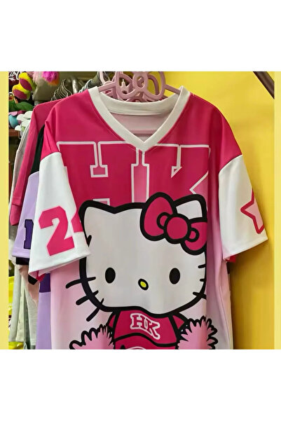 Gofeel Pembe Hello Kitty Detaylı Kısa Kol Oversize Unisex Tshirt