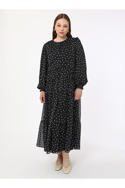 ALİA Plus Size Polka Dot Chiffon Hijab Dress - Black and White - Alia
