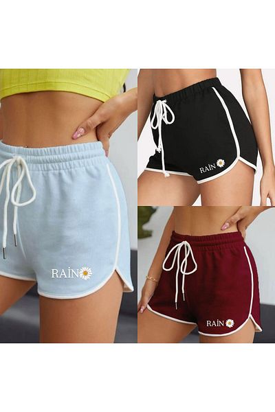 woonkey PANTALONI SCURT DE DAMA CU IMPRIMARE PLOAIE, 3 PUC., NEGRU, ALB, MARO, MINI DETALII