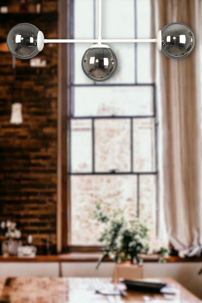 Fer Avize Neron Special Design White Color Globe Smoked Glass Living Room - Kitchen - Bedroom 3-Piece Chandelier