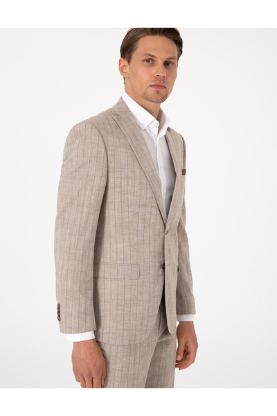 Pierre Cardin Açık Kahverengi Slim Fit Yün Keten Karışımlı Çizgili Takım Elbise 50302403-VR002