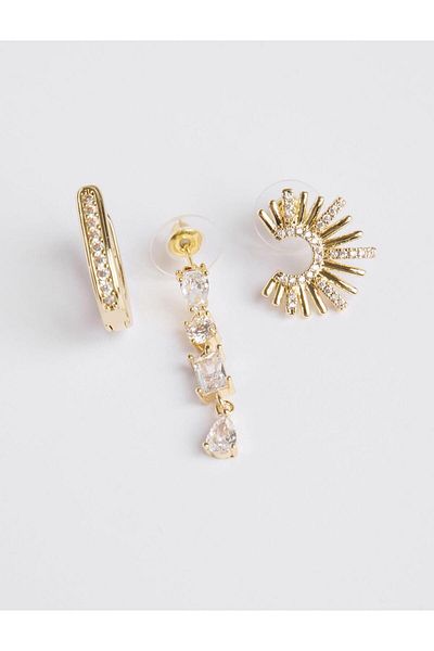 Jimmy Key Gold Color Shiny Stone Detailed Triple Earring Set