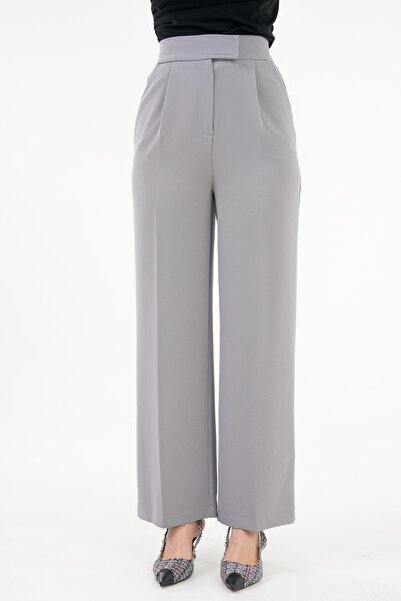 Saade Gray High Waist Velcro Closure Single Pleat Woven Palazzo Trousers