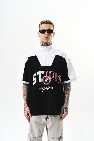Respire Чоловіча студійна вишита футболка з напівзастібкою Oversize, чорна
