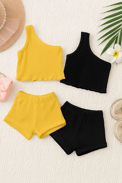 ADABEBEK Single Sleeve Baby Crop Shorts Bottom Top Set