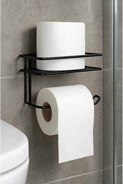 AYGÖREN HOME Yedekli Yapışkanlı Tuvalet Kağıdı Tutacağı Yedekli Tuvalet Kağıtlığı Wc Kağıtlık Tutucu Askısı Siyah