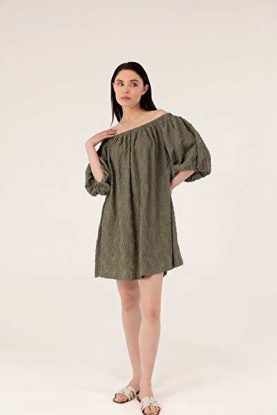 Evermade Off Shoulder Balloon Sleeve Textured Short Dress