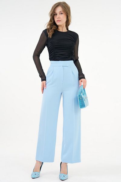 Saade Blue High Waist Velcro Closure Single Pleat Woven Palazzo Pants