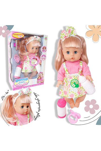 Salamandra Set Papusa Bebelus Blonda, rochita frez/verde, cu Sunete, Eliminare Lichide si Accesorii