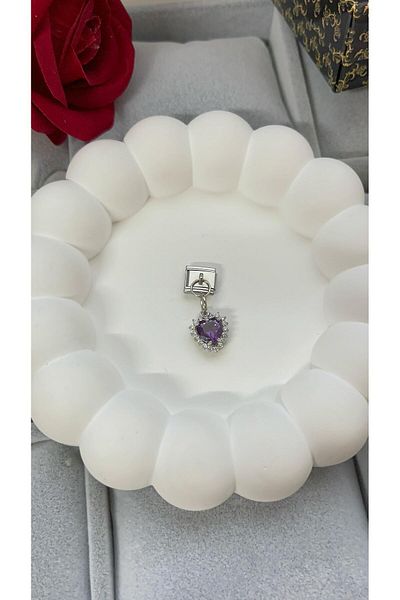 Sepetten Eve Italian Charm Steel Bracelet Charm Silver Purple Heart Zircon Stone Charm Does Not Tarnish