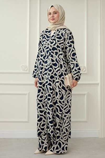 InStyle Zincir Desen Uzun Kimonolu Lacivert takım