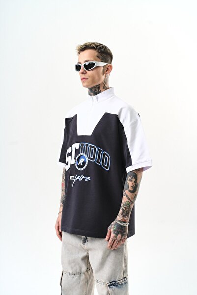 Respire Men's Studio Embroidered Half Zipper Oversize T-Shirt Smoked