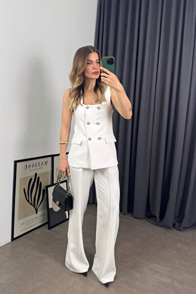Sue Store Білий кришталевий маргаритка з ґудзиками, кам'яний жилет, брюки