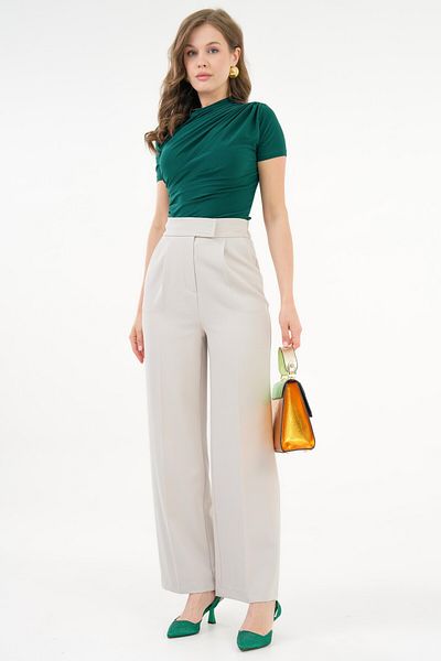 Saade Sand High Waist Velcro Closure Single Pleat Woven Palazzo Pants