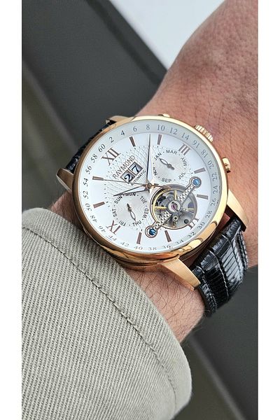 Raymond RYM-4120 AUTOMATIC MEN'S WRISTWATCH - STEEL CASE AND LEATHER BAND - 2 YEAR WARRANTY