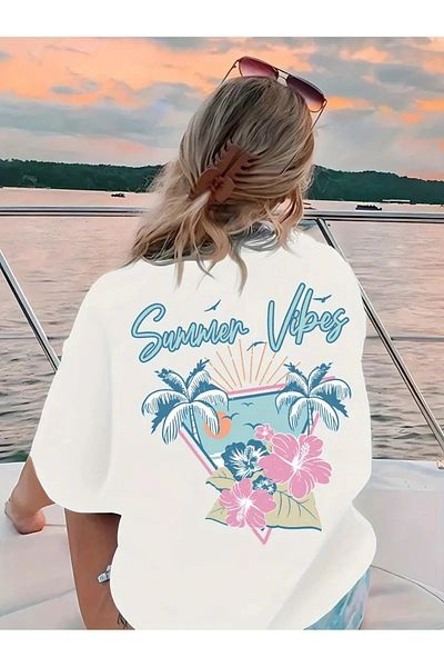 PENTHİLUS Summer Off Shoulder Print T-Shirt, Short Sleeve Round Neck Casual Top