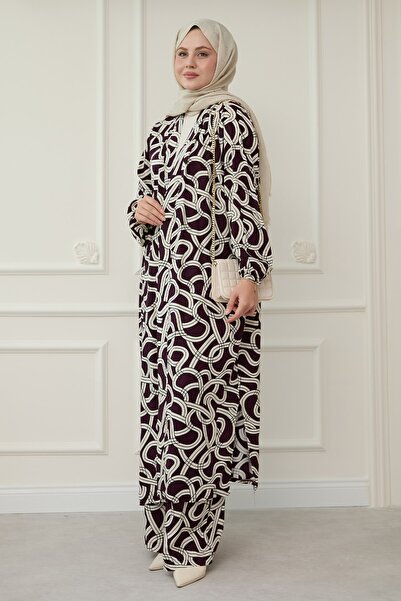 InStyle Brown Suit with Chain Pattern Long Kimono