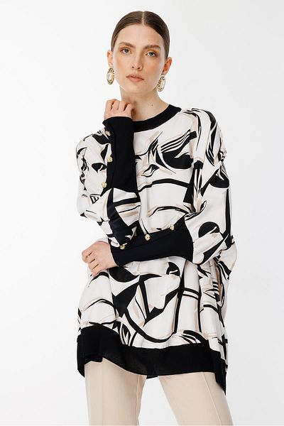 Ghisa Ribbed Detailed Tunic Beige Black Striped Patterned